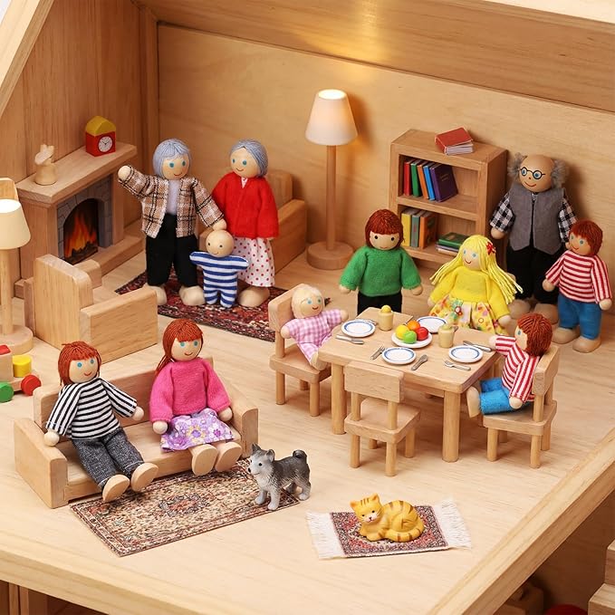 Skylety 20 Pcs Wooden Dollhouse Family Set of 16 Mini People Figures and 4 Pets, Wooden Dollhouse Dolls Cosplay Family Figures Accessories for Pretend Toy(Traditional Style)