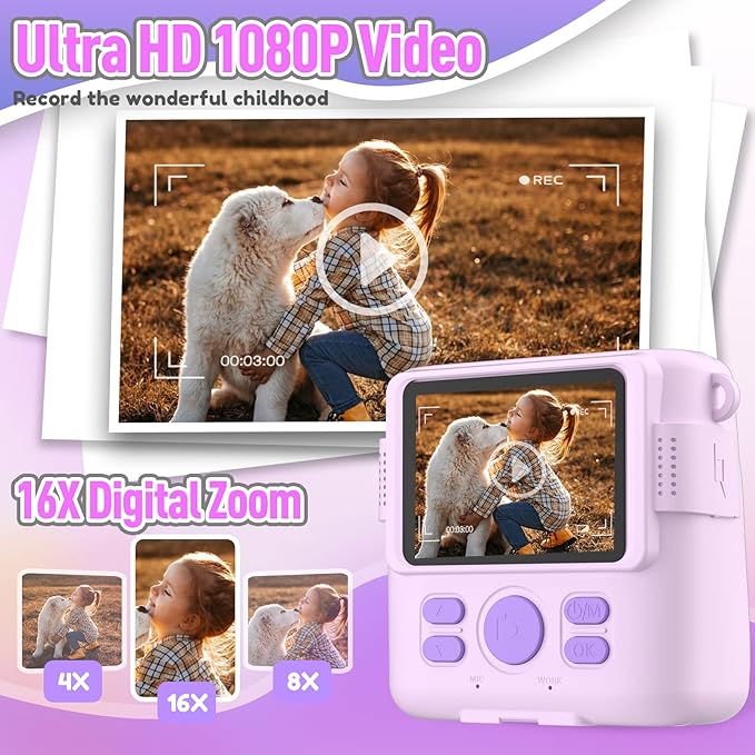 ESOXOFFORE Instant Print Camera for Kids, Christmas Birthday Gifts for Girls Boys Age 3-12,Kids Digital Cameras for Toddler, Portable Toy for 3 4 5 6 7 8 9 10 Year Old Girl with 32GB SD Card-Purple