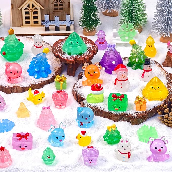 52 Pcs Luminous Mini Christmas Figurines Glow in The Dark Tiny Little Resin Snowman Miniature Figures for Xmas Holiday Crafts Garden Micro Landscape Party Home Table Decor