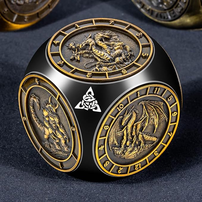 7 in 1 Unique Spinner DND Dice Set D&D, Metal Cube D and D Dice with Gift Box, Dungeons Dragons Role Playing Dice, Black Gold
