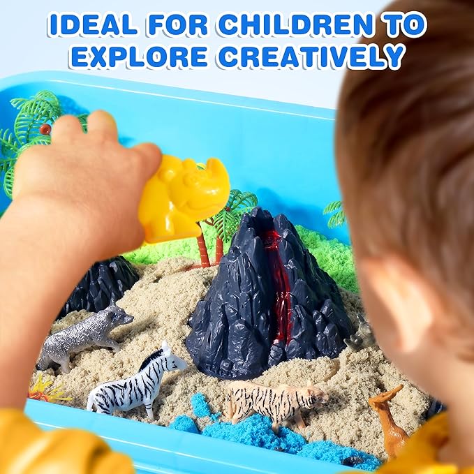 Billeeit Animal Sensory Bin Sand Toy, Play Sand Kit w/lid and 2.2lbs Moldable Sensory Sand, Molds, Tools, Map Set 35pcs Total, Fun Gift for Kids 3+