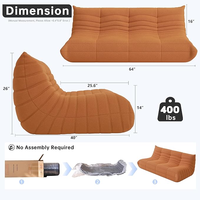 Bean Bag Chairs for Adults, BeanBag Reading Chair Memory Foam Couch 3-Seater, Floor Chair Soft Teddy Material, Comfy Reading Nook Chairs for Bedroom Living Room Office (Orange)
