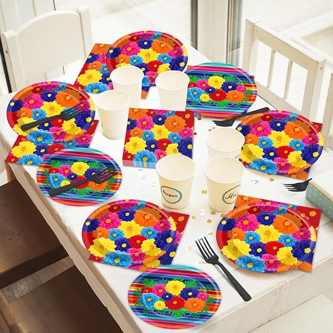 96 Pcs Mexican Fiesta Plates and Napkins Party Supplies Fifth of May Tableware Mexican Theme Birthday Party Decorations Fiesta Flowers Stripes Paper Dinnerware for Taco Weddings Baby Shower 24 Guests