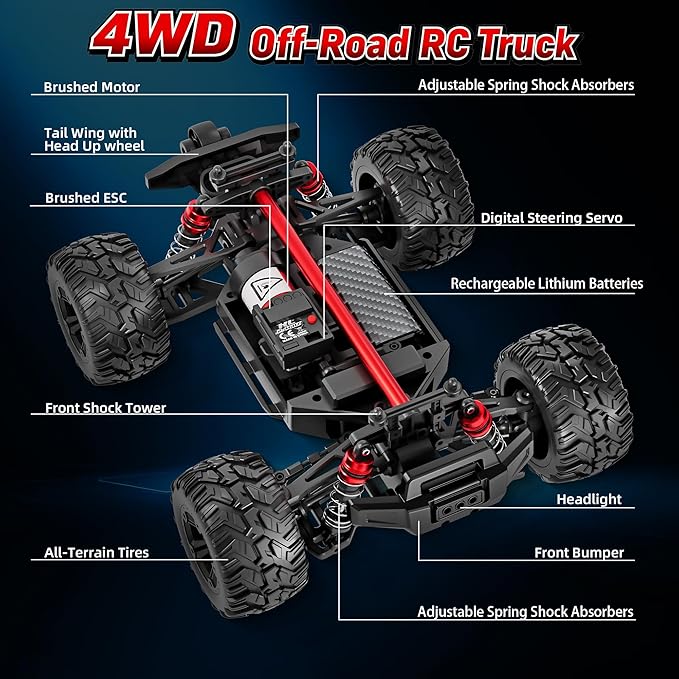 Rc Cars 1:14 All Terrain RC Car for Adults & Boys 4WD Off-Road Remote Control Truck 40+ KM/H High Speed 4X4 Waterproof Remote Control Car with 2 Rechargeable 1500 mAh Batteries 8-12(Red)
