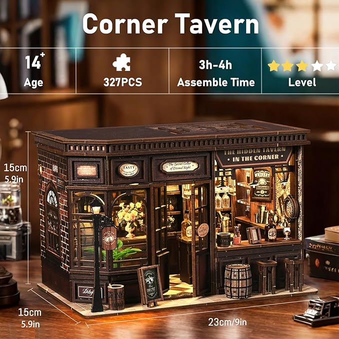 Book Nook Kit for Adults DIY 3D Wooden Miniature House with LED Light, Holiday Theme Dollhouse Craft for Bookshelf Decor Creative Christmas Halloween Birthday Gift for Friends & Family, Corner Tavern