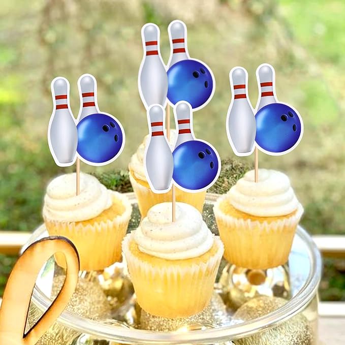Ercadio 24 Pack Double Sided Bowling Cupcake Toppers Sports Bowling Cupcake Picks Bowling Birthday Cake Decorations Baby Shower Bowling Sports Theme Party Cake Decorations