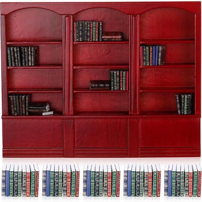 1:12 Scale Dollhouse Miniature Wooden Bookshelf with 48 Pcs Miniatures Books, Mini Bookcase Tiny Books for Dollhouse Mini Library Furniture Christmas Decoration Gift(Red)