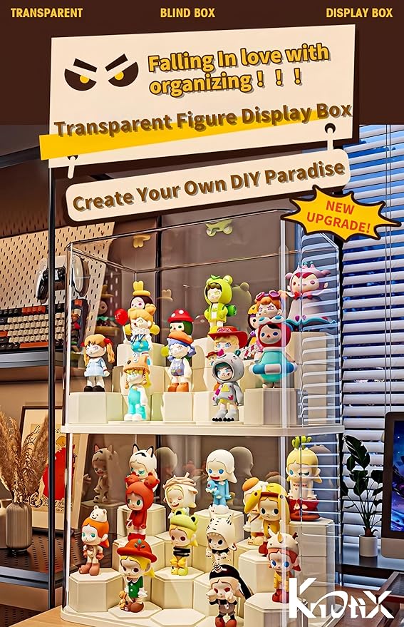 DIY Stackable Transparent Display Case for Figures, Dustproof Acrylic Display Boxes with 24 Movable Hexagonal Blocks, Large Capacity for Pop Mart, Lego, Collectibles (Cream)