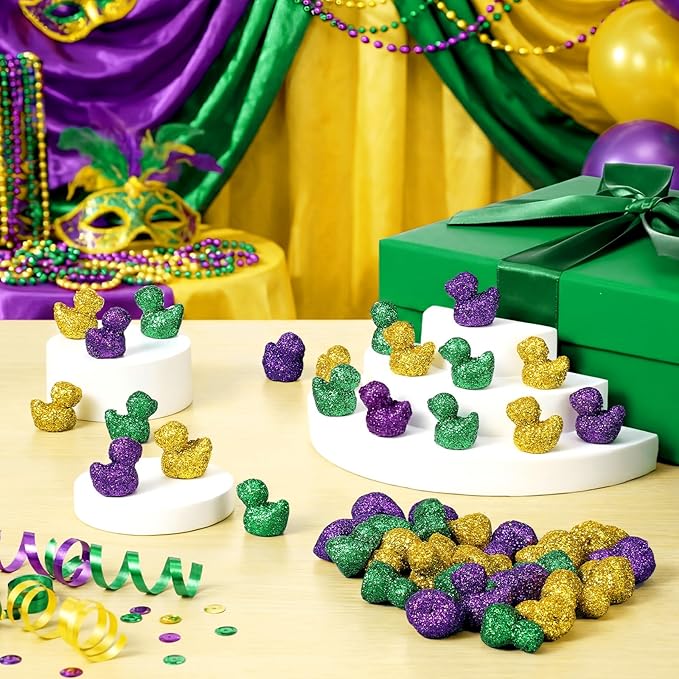 Yaocom 100 Pcs Mardi Gras Mini Glitter Duck Statue Purple Green Yellow Glitter Duck Figurines Micro Garden Landscape Dollhouse Cake Decoration Potted Plants DIY Craft Charms for Mardi Gras Party Gift