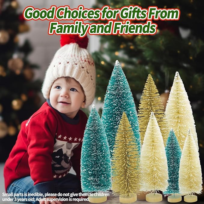 Yahpetes Christmas Trees 9 Pcs Artificial Bottle Brush Tabletop Trees Christmas Table Decorations for Xmas Holiday Party Decor (Blue-Green,Gold,Beige 9Pcs)