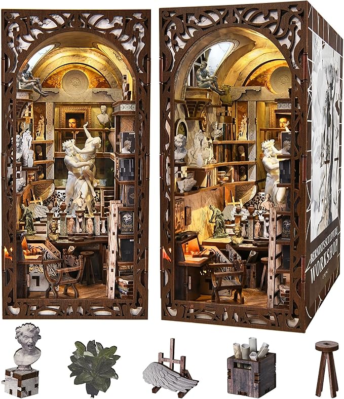 DIY Book Nook Kit, 3D Wooden Puzzle for Adults, Teens, DIY Miniature Dollhouse Booknook Kit Bookend Bookshelf Insert Decor with LED Light (Bernini's Sculpture Workshop)