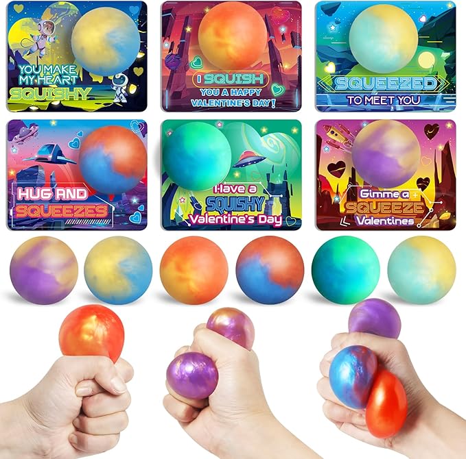 OCHIDO Valentines Greeting Cards for Kids, 24 Packs Valentines Day Cards with Slime Stretchy Squeeze Balls, Kids School Class Exchange Gifts, Classroom Prizes, Valentines Party Favor for Boy Girl