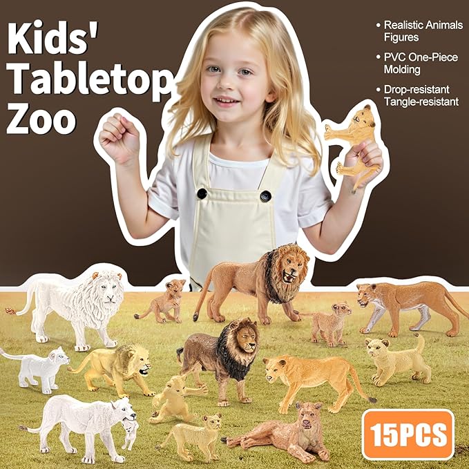 15PCS Lion Toys Figurines Pride, African Jungle Animals Lion Family, Realistic Zoo Animal Toys, Preschool Toy Birthday Gift Cake Toppers for Kids Boys Girls