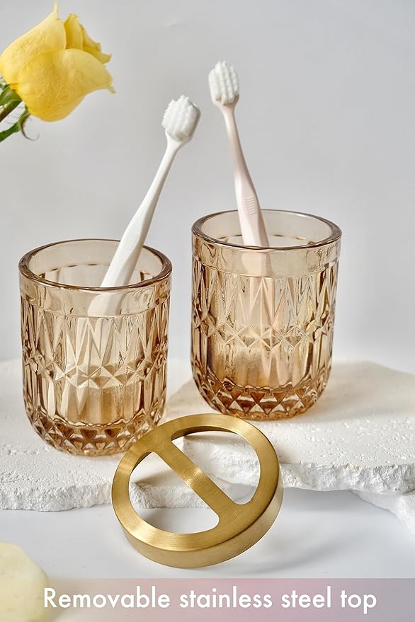 LaMarriti Brown Bathroom Accessories Set, 5Pcs Clear Glass Bathroom Accessories, Lotion Soap Dispenser, Toothbrush Holder Set, Soap Dish, Qtip Holder, Tumbler for Vintage Bathroom Decor, Gift Set