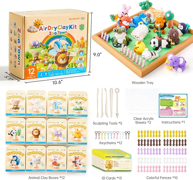 Shuttle Art Air Dry Clay for Kids - Zoo Town, 55 PCS Modeling Clay Kit with Sculpting Tools and Tutorials, Safe & Non-Sticky, Craft Gifts for Boys & Girls