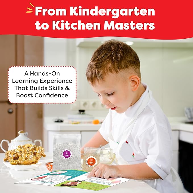 Baketivity Kids Baking Set, Meal Cooking Party Supply Kit for Teens, Real Fun Little Junior Chef Essential Kitchen Lessons, Includes Pre-Measured Ingredients (Kit +Hat & Apron, Pretzel)
