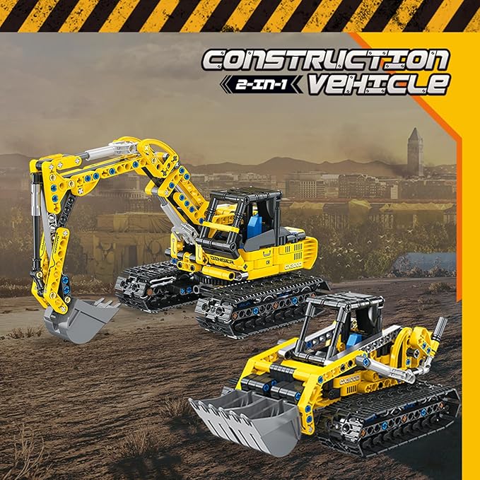 2-in-1 Construction Vehicle Building Kit - Excavator & Bulldozer Building Toys Set | 399 Pieces STEM Learning Toys | Creative Birthday Christmas Building Blocks Gift Idea