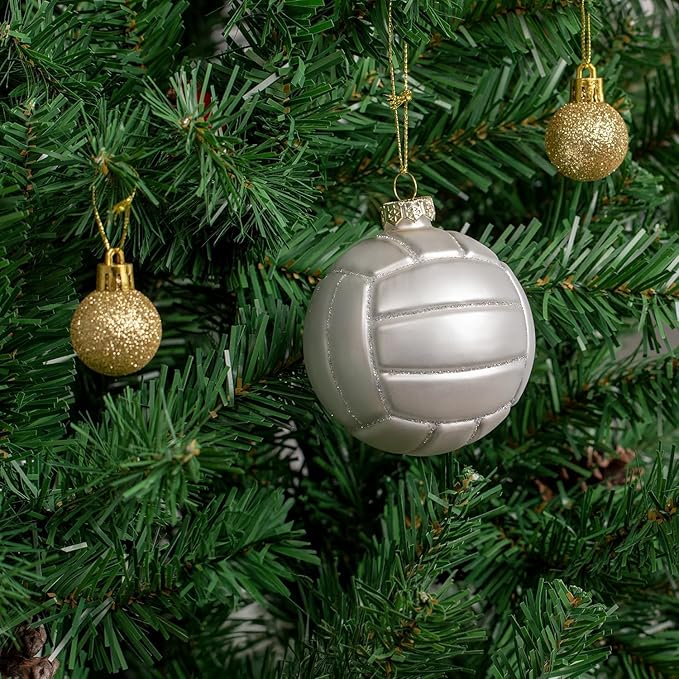 3.15” Christmas Volleyball Glass Blown Ornament, 2025 Hand-Painted Small Mini Sports Ball Decoration for Boys and Girls, Xmas Tree Holiday Decor Kids Themed Party Gifts