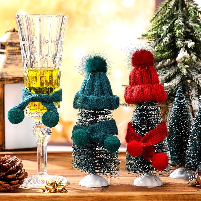Bencailor 24 Pcs Mini Christmas Knitting Hats and Mini Christmas Scarf Set Knitting Doll Hat Scarf Santa Knit Hat Tree Ornaments for DIY Craft Art Doll Decoration (Red,Green)