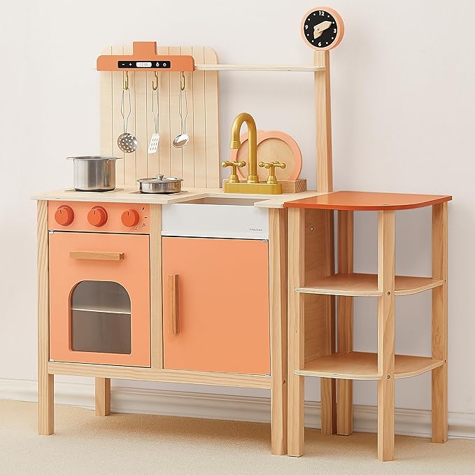 Pillowhale 2-in-1 Wooden Play Kitchen with Storage Rack, Kids Pretend Cooking Set w/Sink, Stove, Microwave & 8 Accessories, Montessori Toddler Kitchen Toy Gift for Boys & Girls Age 3+ (Red)