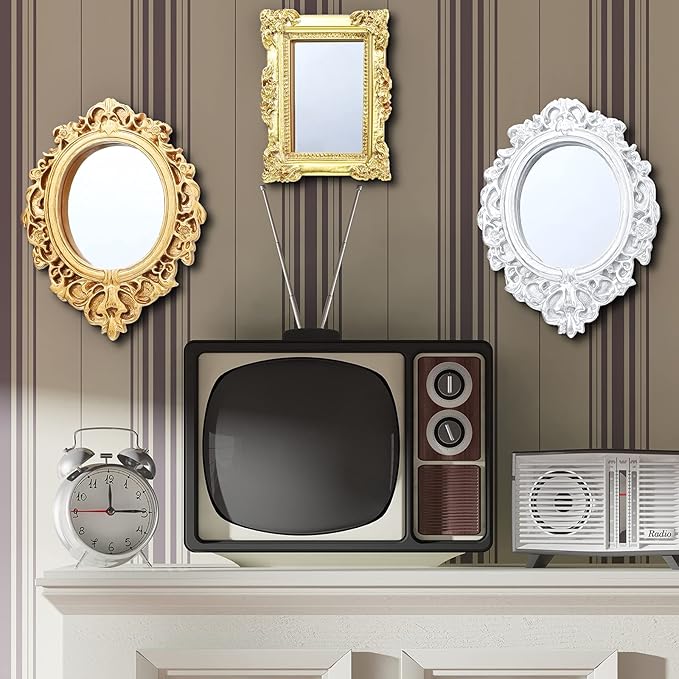 Skylety 10 Pieces Miniature Dollhouse Mirror European Frame Mirror Victorian Baroque Wall Decor Miniature Bedroom Mini Furniture Accessory for 1/12 Dollhouse Decor, Gold and Silver