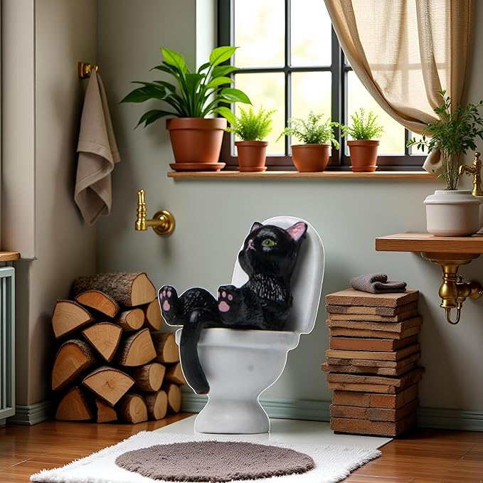 Black Cat On Toilet Ornaments Landscaping Garden Decoration Mini Cat Statue Dollhouse Accessories Household Desktop Model Home Decorations Cat Figurine Garden Miniatures