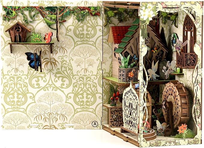 Book Nook Kit - DIY Miniature Dolls House Kit with Furniture and LED Light, 3D Puzzle Wooden Art Bookends, Model Kits for for Adults and Teens (Secret Forest)