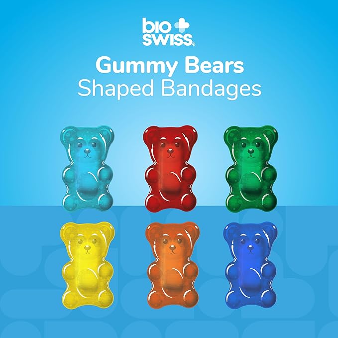BioSwiss Bandages, Gummy Bear Shaped Self Adhesive Bandage Set, Latex Free, Sterile Wound Care, 50 Count