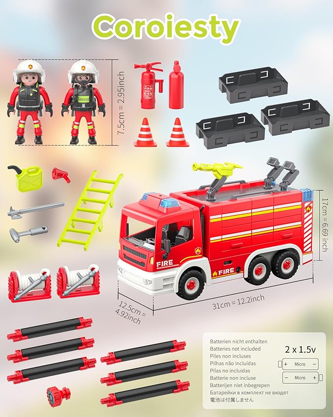Large Fire Truck Toy with 2 Firefighters & Rescue Tools, Lights & Siren Sounds, Assemble Fire Rescue Truck Vehicle Toy for Boys Girls 3+, Christmas Birthday Gift