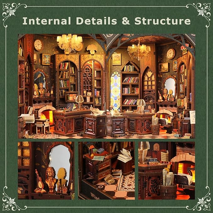 Book Nook Kit – 3D Wooden Puzzle Miniature Dollhouse, DIY Craft for Teens and Adults, Vintage Design with LED Lights and Touch Switch（Classical Library）