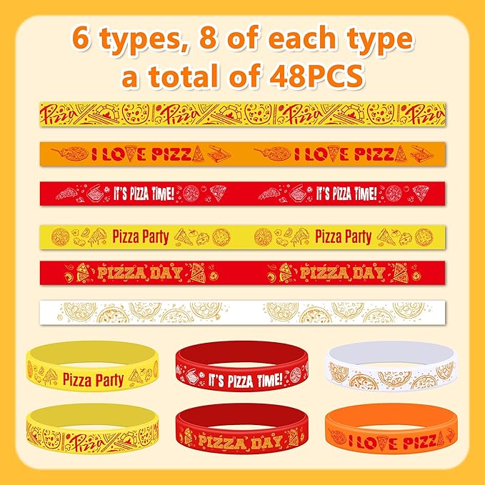 Lesnala 48 Pcs Pizza party favors silicone bracelets 6 Styles Pizza themed rubber wristbands Pizza day colorful stretch wristband for Women Men Party Decorations Kids School Prizes