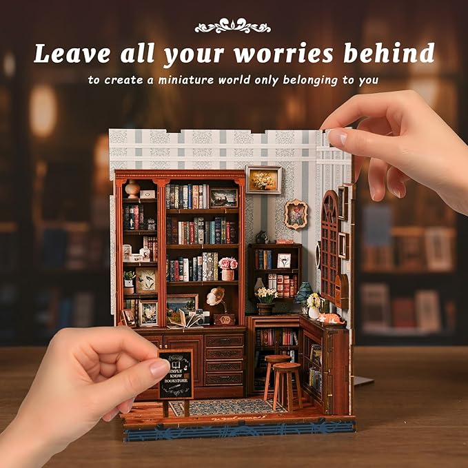 Book Nooks Kit for Adults, 3D Wooden Puzzle Miniature Dollhouse, DIY Bookend Holiday Craft Kits for Family&Friends, Unique Booknook Tiny Home Gifts for Men Women Teens, Bookshelf Decor Model