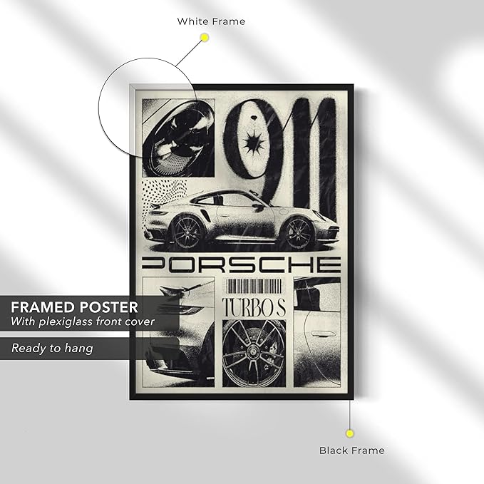 Canvastoria Porsche 911 Turbo S Canvas Wall Art | Black & White Automotive Poster Print | Luxury Sports Car Decor