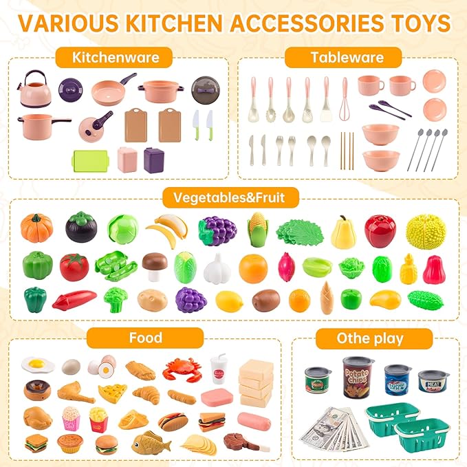 240Pcs Kids Mini Play Kitchen Accessories, Play Pans, Pots, Cookware with Desserts, Cuttable Veggies & BBQ Set & Storage Basket, Prop Money, Learning Gift for Child，Toddlers, Child, Pink