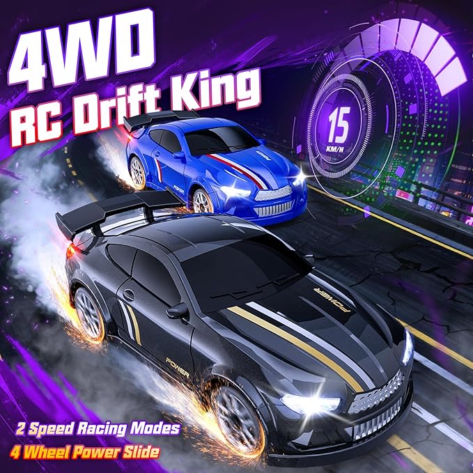 Mini RC Drift Car 1:64 Scale, Remote Control Car with LED Lights & 2-Speed Modes, 2.4GHz Stunt Drifting RC Toys with 4 Obstacles & Track Mat, Hobby Gift for Kids & Adults, Black