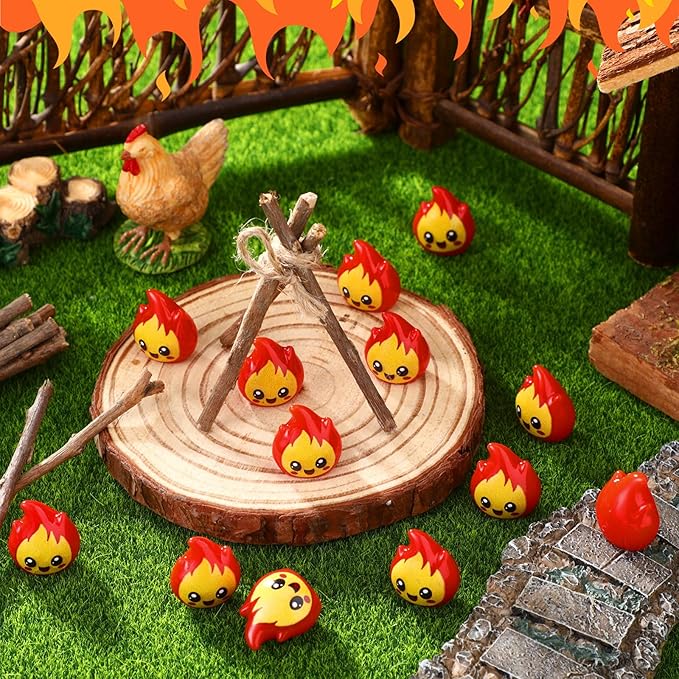Soaoo 100 Pcs Mini Resin Miniature Cute Fake Figurines Ornament for Tiny Model Landscape Gifts DIY Crafts Small Town Accessories Micro Campfire Scene Garden Christmas Home Decoration (Fire)
