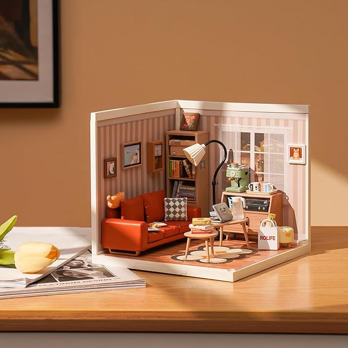 ROBOTIME DIY Miniature House Kit Mini Dollhouse with Accessories Building Toy Set Tiny Room Making Kit with LED Light Hobby Unique Gifts (Cozy Living Lounge)