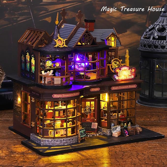 Spilay DIY Miniature House Kit, DIY Dollhouse Kit with Music Box and Dust Cover, 3D Wooden Puzzle Book Nook Kit for Adult, Bookshelf Decor&Gift for Birthday Halloween Christmas（Magic Treasure House）