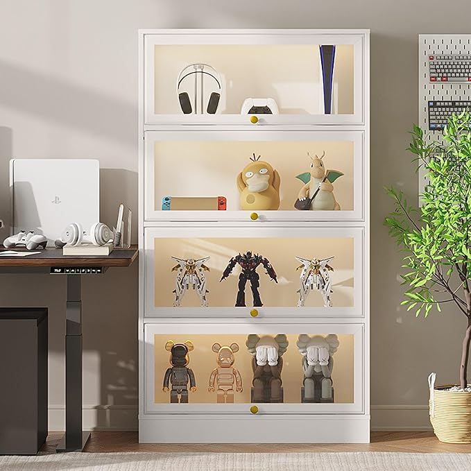 Display Cabinet with Acrylic Glass Doors,4-Tiers Curio Cabinet with LED Lighting for Collectibles, Collectibles Toy Organizers Rack & Display Shelf Display Case Storage Cabinet, Antique White