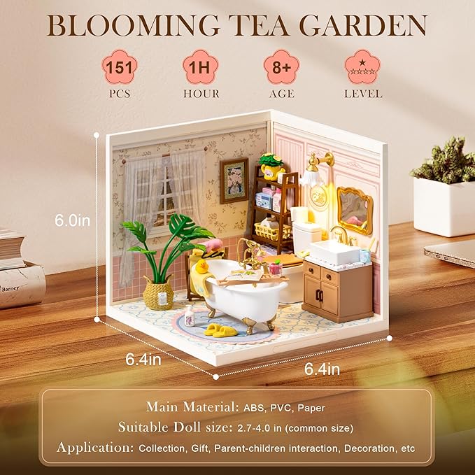 ROBOTIME Super Creator Toy Building Set DIY Miniature House Kit with LED Tiny Room Making Kit Expandable Plastic Craft Toy for Creative Play Home Decor Unique Hobby Gift (Pop Bubble Bathroom)