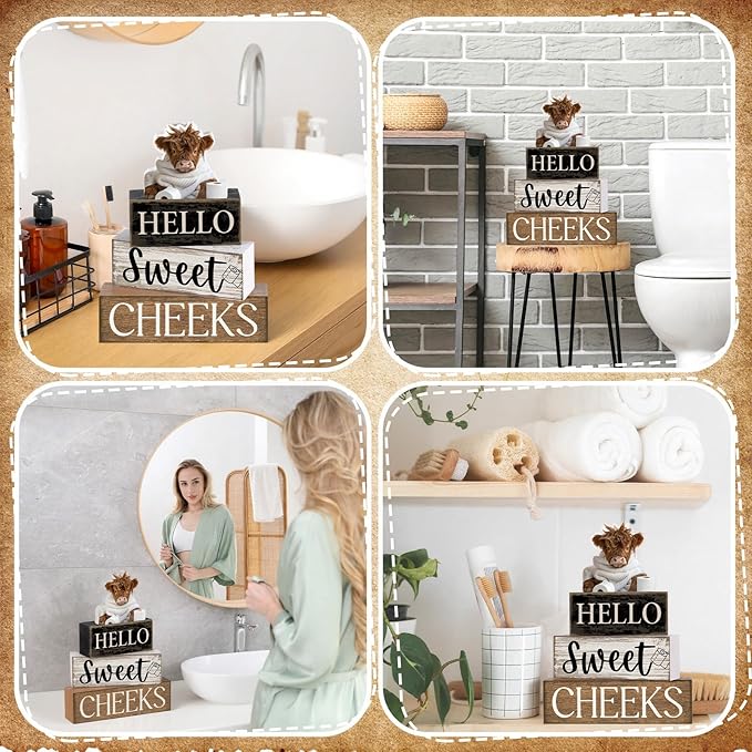 Moucuny 4 Pcs Highland Cow Bathroom Decor Farmhouse Bathroom Decor and Accessories Highland Cow Table Centerpiece Western Hello Sweet Cheeks Decoration for Home Office