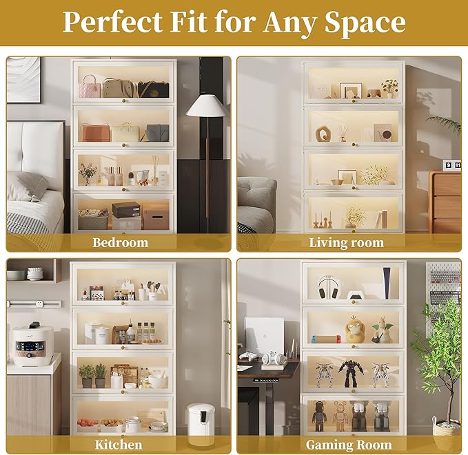 Display Cabinet with Acrylic Glass Doors,4-Tiers Curio Cabinet with LED Lighting for Collectibles, Collectibles Toy Organizers Rack & Display Shelf Display Case Storage Cabinet, Antique White