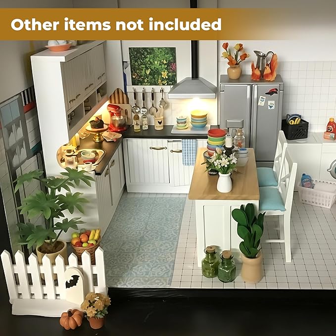 1/12 Scale Dollhouse Kitchen Dining Table Chairs Set – Miniature Kitchen Island with Stools, Modern Wood Furniture for Dollhouse Room Decor – Realistic Miniatures for Restaurant Bar Pub Barbie Crafts