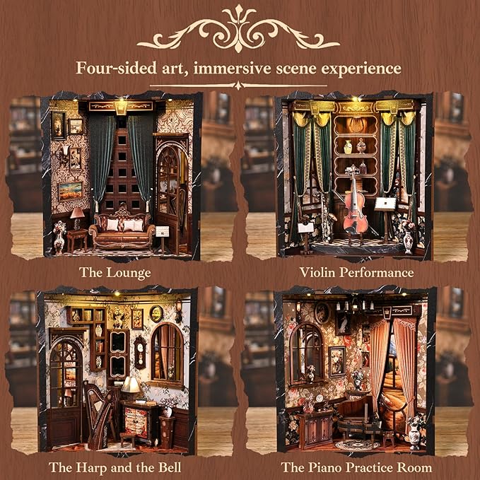 Book Nooks for Adults, DIY Miniature Dollhouse Book Nook Kit with Led Light Classical Music Room Crafts for Adults with Led Light Book Nook Kits Gifts for Family and Friends