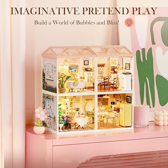 ROBOTIME Super Creator Toy Building Set DIY Miniature House Kit with LED Tiny Room Making Kit Expandable Plastic Craft Toy for Creative Play Home Decor Unique Hobby Gift (Pop Bubble Bathroom)