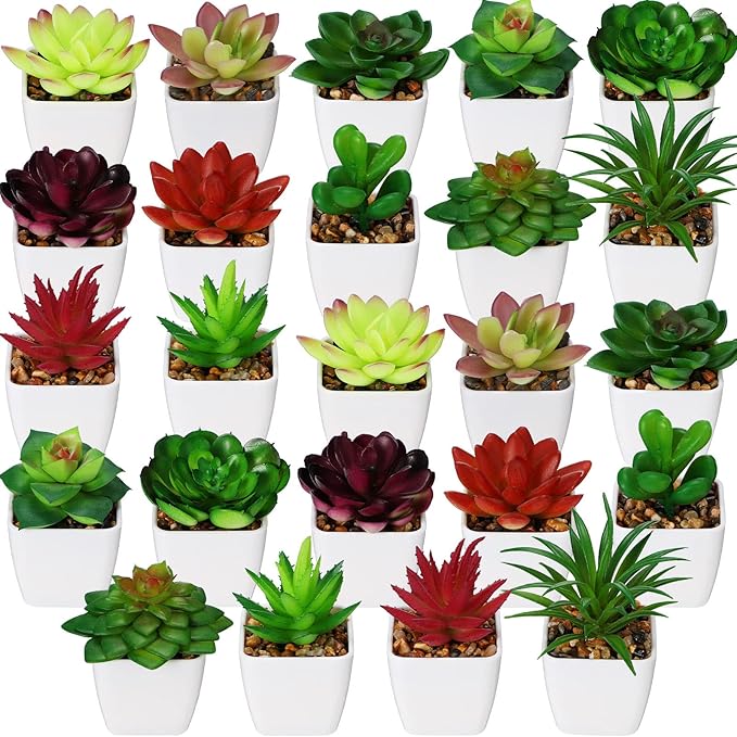 Yunlly 24 Pack Succulents Plants Artificial Mini Fake Succulents in Pots Small Potted Faux Succulent Plants Fake Plants in White Pots for Indoor Home Office Desk Window Bathroom Bedroom Decoration