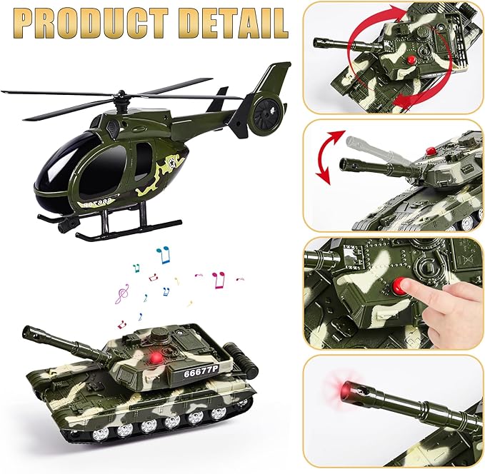 25.6" Green Military Big Truck Toys, Big Truck Toy with Tank and Helicopter,Army Toys with Sounds & Lights, Great Gift for 3+Years Old Boys and Girls