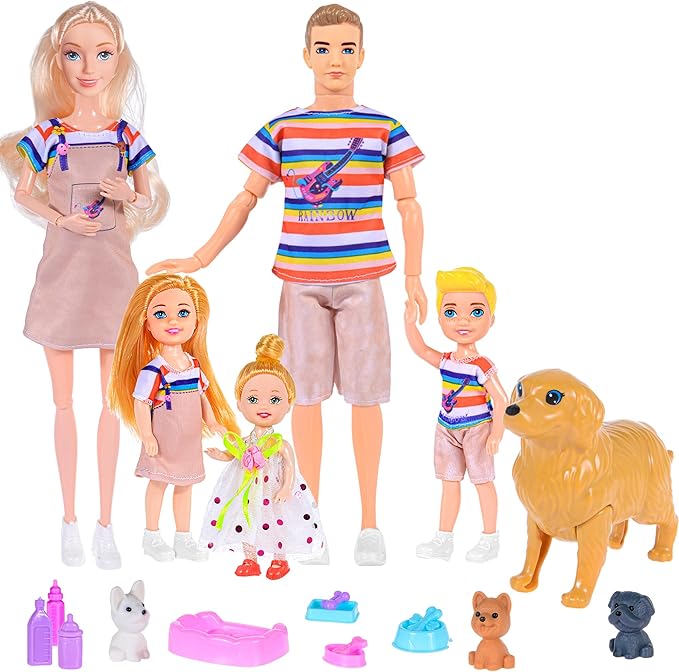 iBayda Family Dollhouse Dolls Playset - 6 People with Dollhouse Pets Included Pregnant Mom Dad 3 Kids and Accessories for 3-12 Years Old Toddlers Gift
