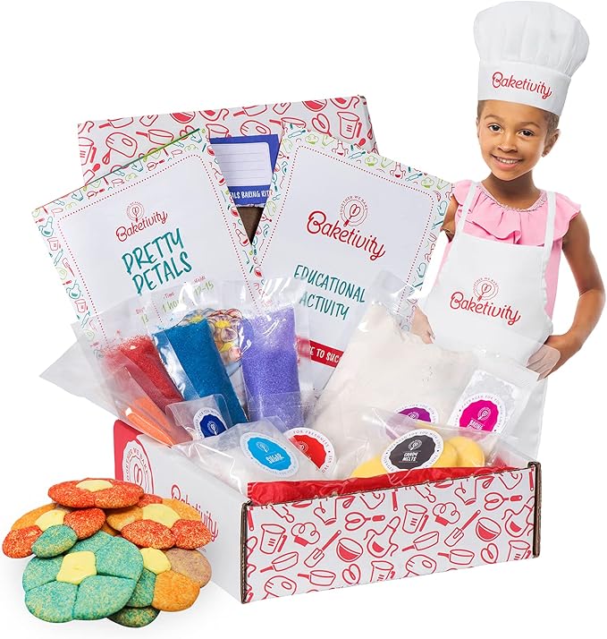 Baketivity Kids Baking Set, Meal Cooking Party Supply Kit for Teens, Real Fun Little Junior Chef Essential Kitchen Lessons, Includes Pre-Measured Ingredients (Kit +Hat & Apron, Pretty Petals)