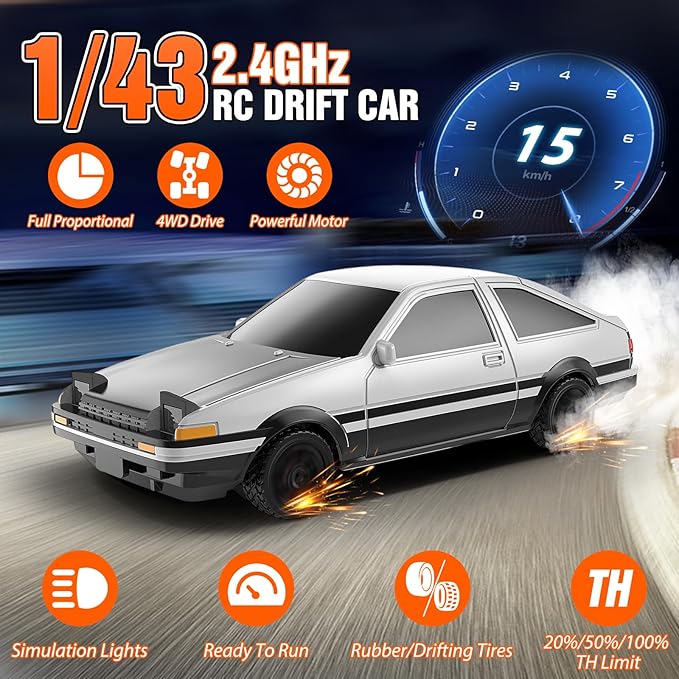RC Drift car, 1/43 Mini Rc Drift car with Gyroscope, 2.4GHz Full Proportional Remote control Cars, 4WD High Speed Racing with Lights, Racing Tires, Model Cars Gift for Adults, Kids, Boys, Girls